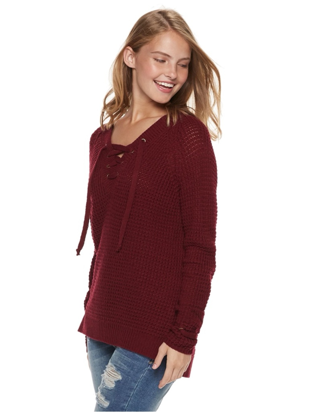 Ruby Moon V-Neck Lace Up Sweater Burgundy Red L